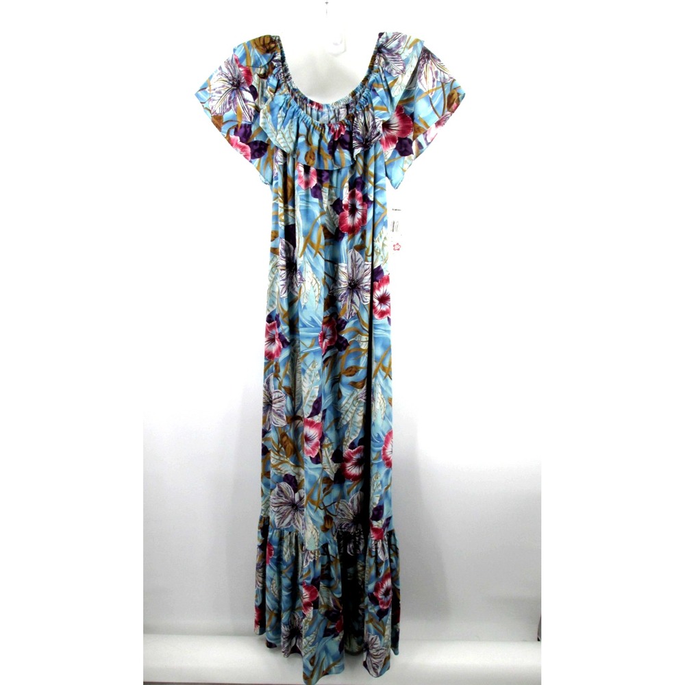 NWT Hilo Hattie Hawaiian Maxi Dress Womens Medium Floral Tropical Blue Vintage